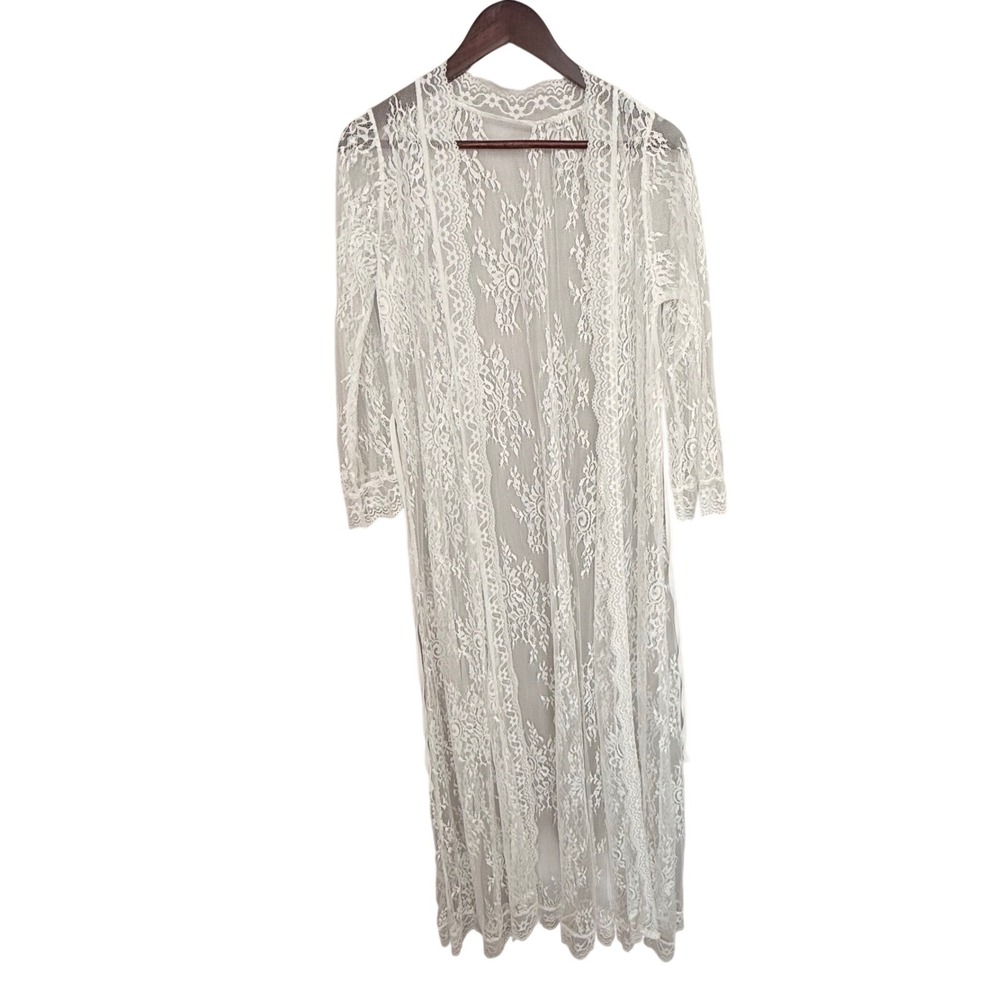 White Floral Lace Maxi‎ Robe Sheer Longline Bridal Duster Boho One Size